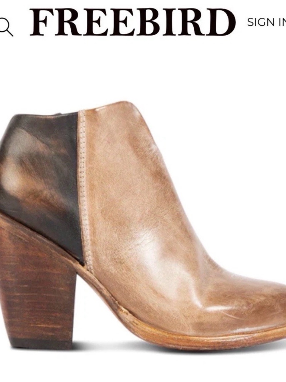 Freebird Two-Tone Tan and Dark Brown Leather Ankle Bootie